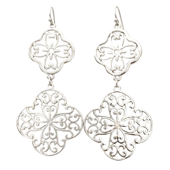 Double Filigree Quatrefoil Long Dangle Earrings - Picture 1 of 3